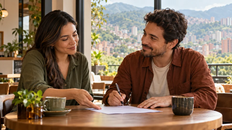 Dos amigos revisan un acuerdo de préstamo en una mesa de café antes de firmarlo.