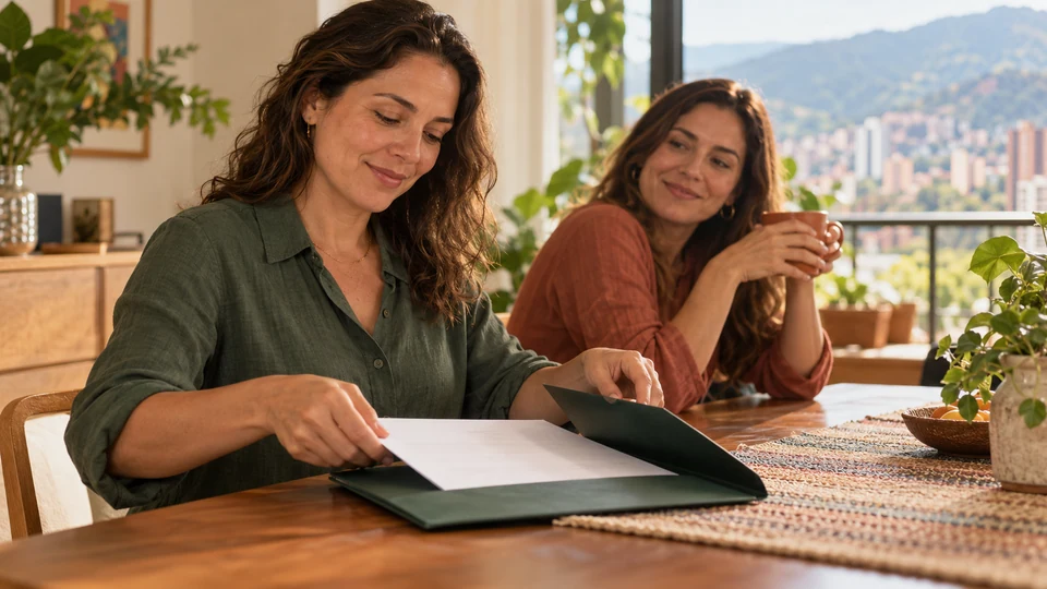 Una mujer guarda un documento en una carpeta verde mientras su amiga la acompaña con una sonrisa.